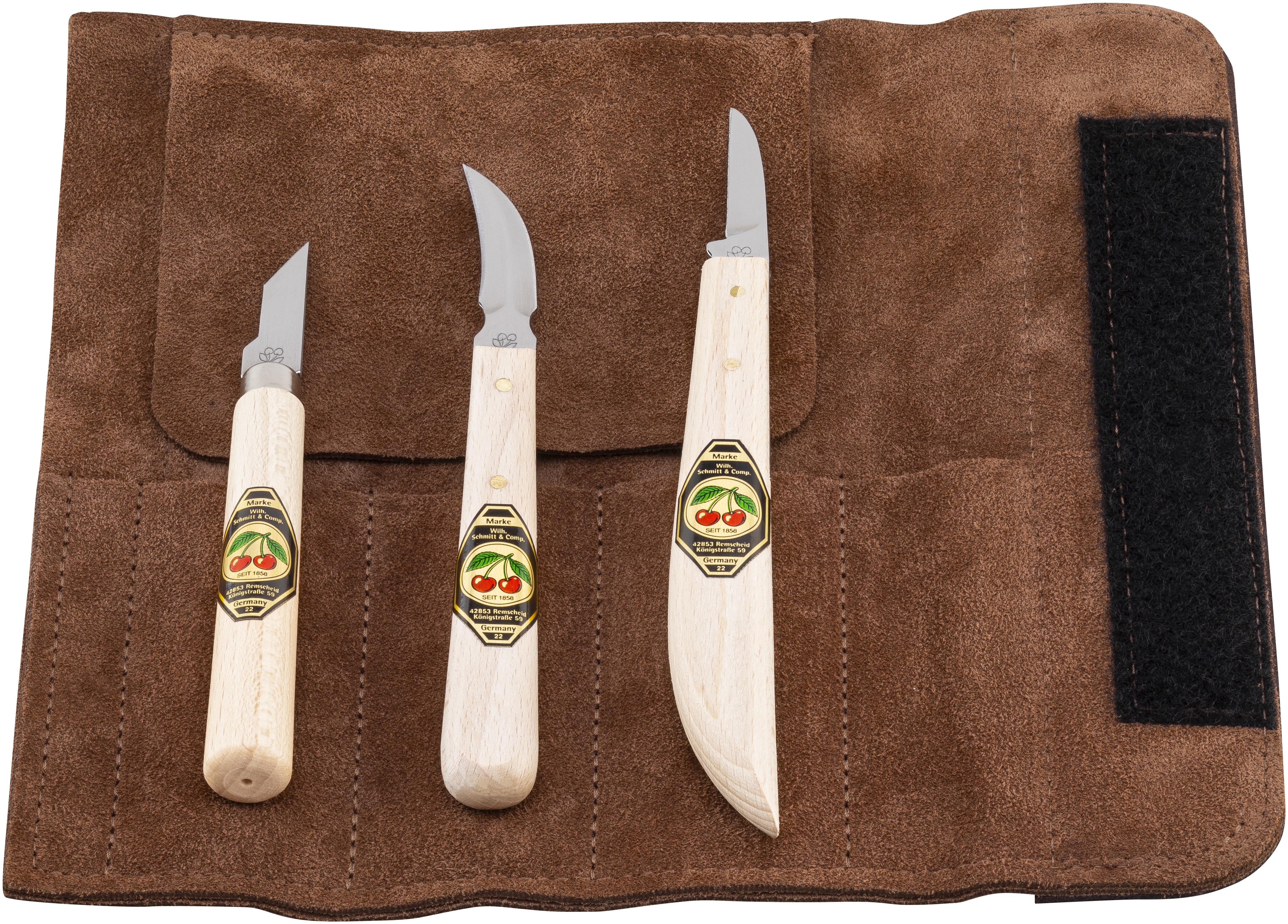 Schnitzmessersatz in Veloursleder-Rolltasche