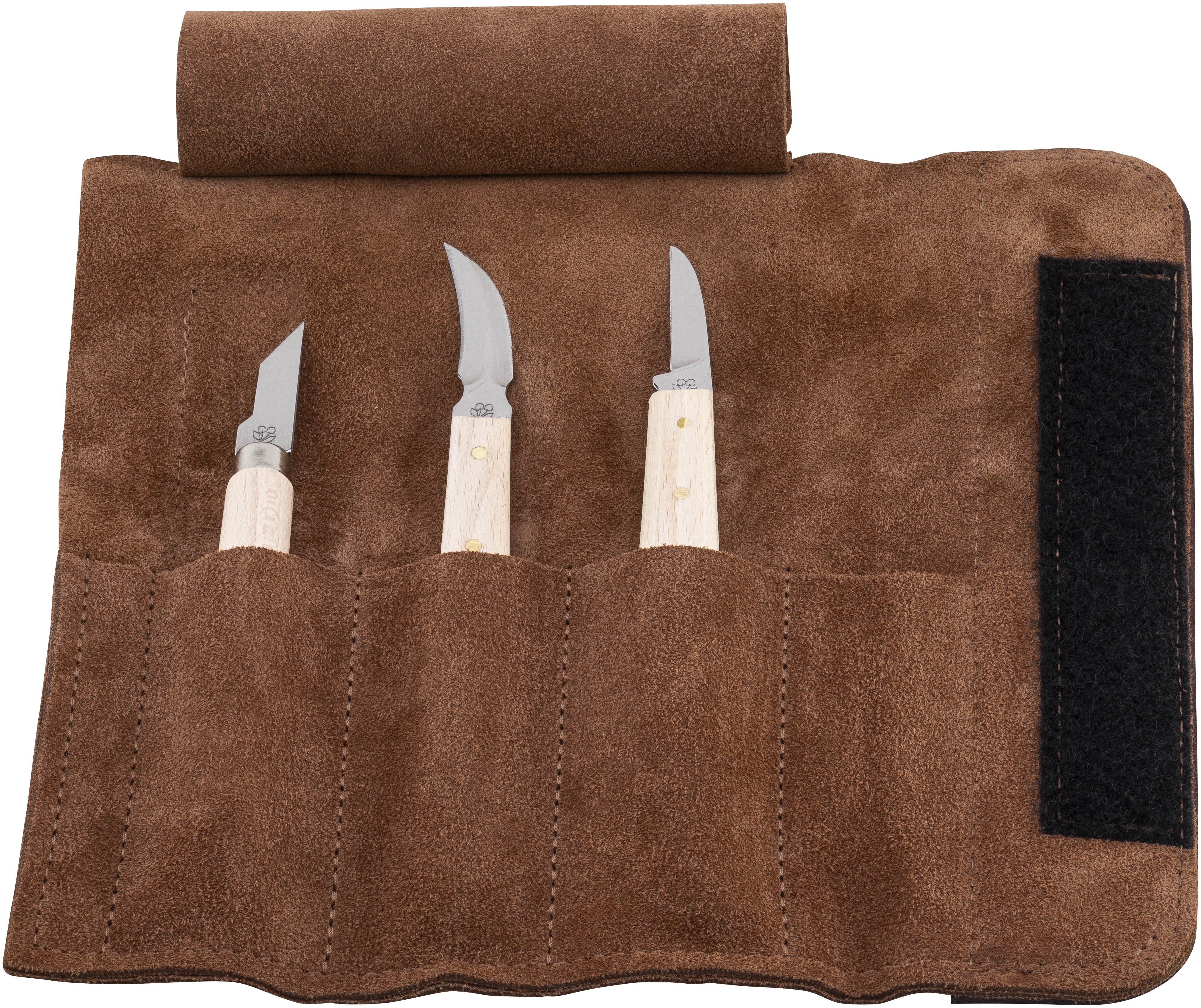 Schnitzmessersatz in Veloursleder-Rolltasche Schnitzmessersatz in Veloursleder-Rolltasche